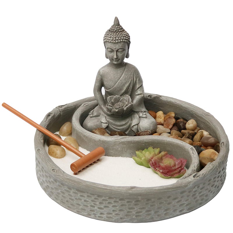 Nature's Mark Mini Zen Garden Kit for Desk with Lotus, Buddha Figures, Rake and Natural Sand River Rocks Table/Desk DÃ©cor Gift Set for Home and Office 6 x 6 Inches Round Base - Image 2